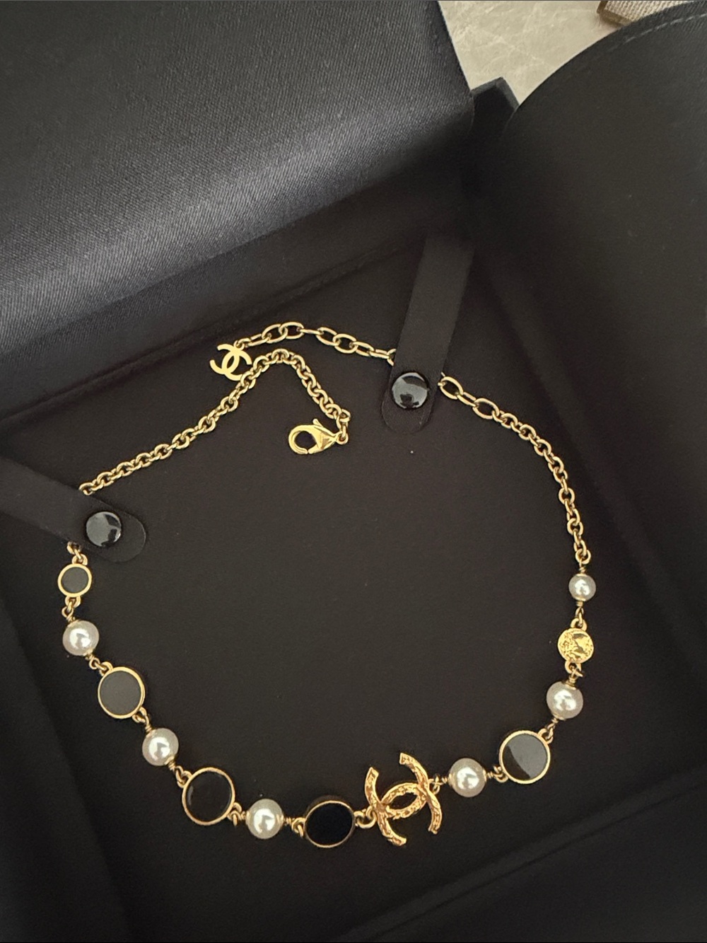CHANEL Gold-Tone Pearl & Black Logo Necklace - Picture 4 of 5